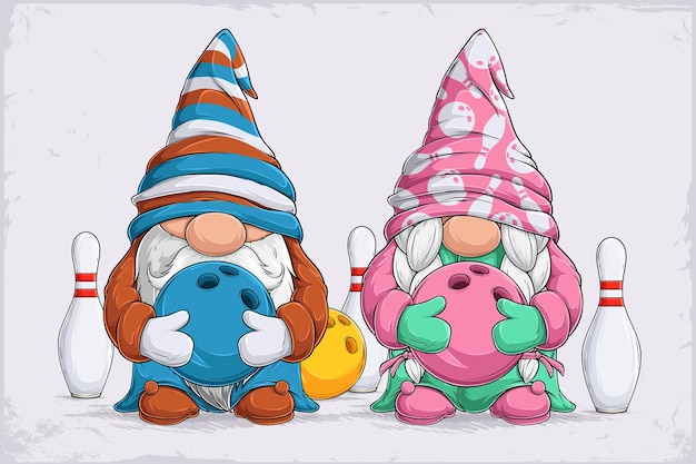 Hand drawn cute gnomes cheerleaders in bowling disguise holding bowling ball and pins on their sides