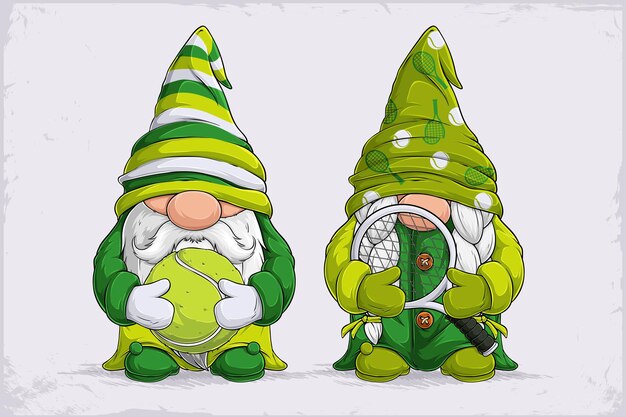 Vector hand drawn cute gnomes in green disguise holding tennis ball and racket on their hands isolated