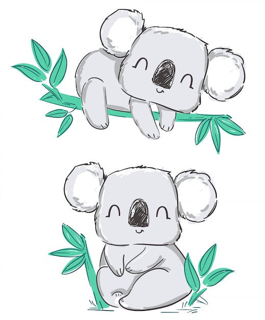 Hand drawn cute gray set koala and leaves isolated on a white 