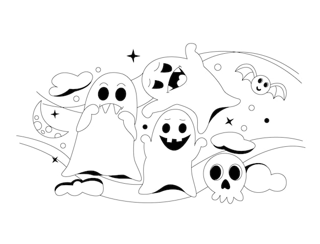 Vector hand drawn cute halloween coloring page illustration for children