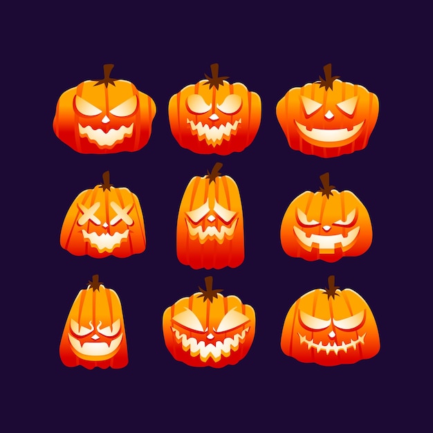 Hand drawn cute halloween pumpkins collection set flat design