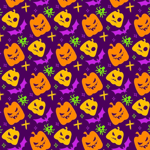 Hand drawn cute halloween pumpkins face seamless pattern