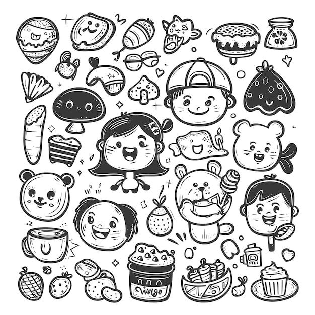 Vector hand drawn cute kid kawaii doodle collection set with engraving style