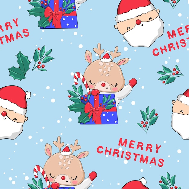 Hand Drawn Cute Little Deer and santa claus beautiful Christmas gift packaging, vector, seamless. seamless pattern.