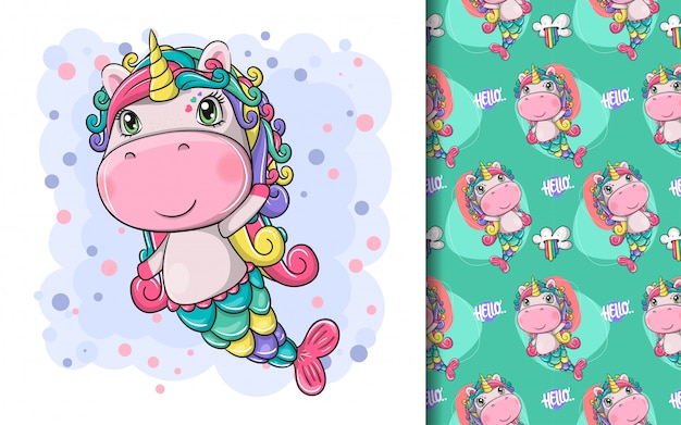 Hand drawn cute magical unicorn and pattern set