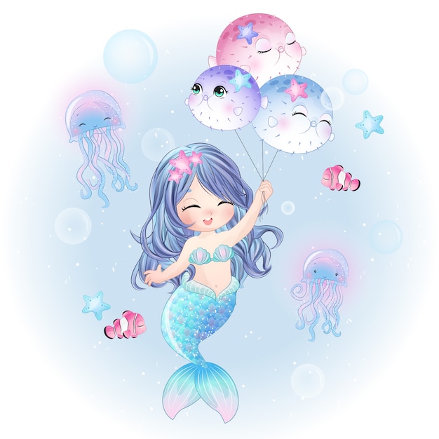 Hand drawn cute mermaid flying with fish balloon