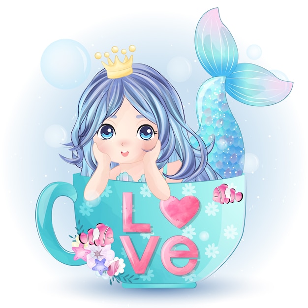 Hand drawn cute mermaid inside the cup