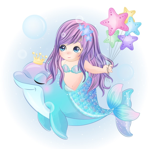 Hand drawn cute mermaid play with dolphin