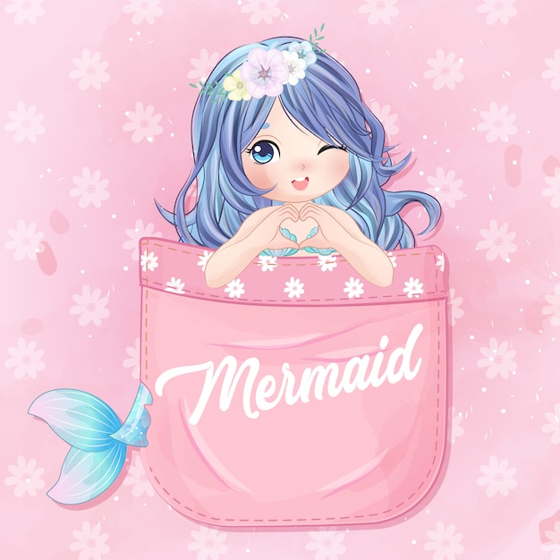 Hand drawn cute mermaid sitting inside the pocket