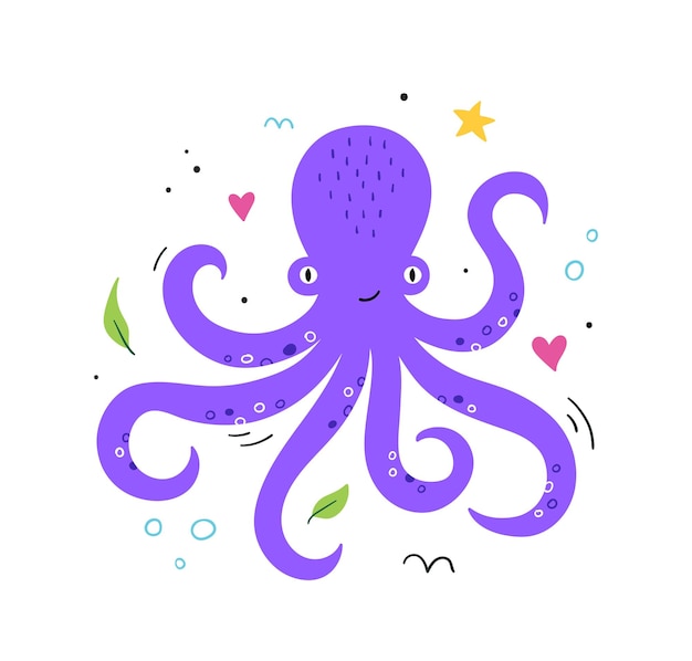 Hand drawn cute octopus Aquatic animal with tentacles Cartoon character Flat vector illustration