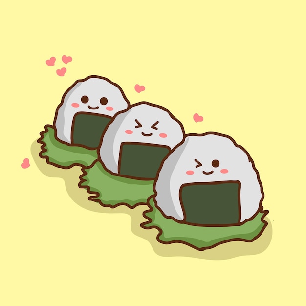 hand drawn cute onigiri flat japanese food vector cartoon set