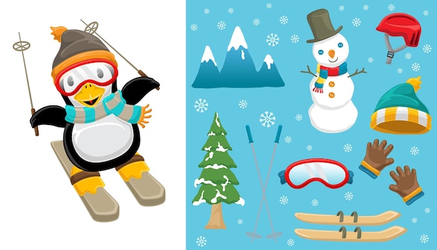 Hand drawn cute penguin skiing with winter sport elements