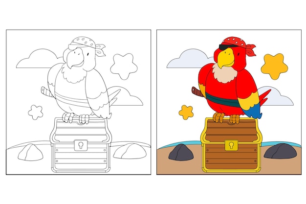 Hand Drawn Cute Pirate Parrot Coloring Page