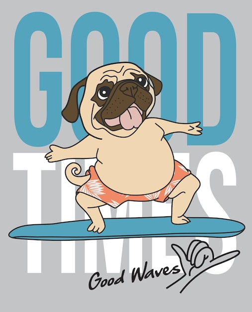 Hand drawn cute pug surfing 