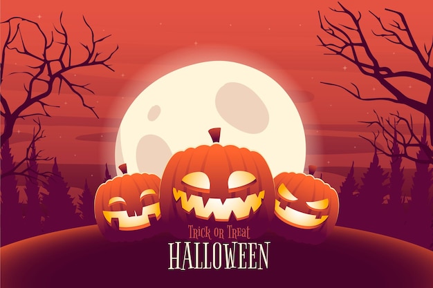 Hand drawn cute pumpkins halloween and night moon background flat design