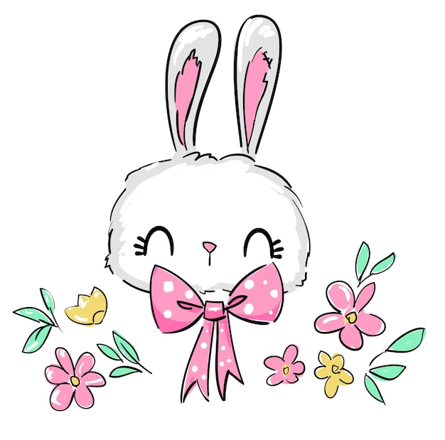 Hand drawn cute rabbit for easter and flowers Vector illustration