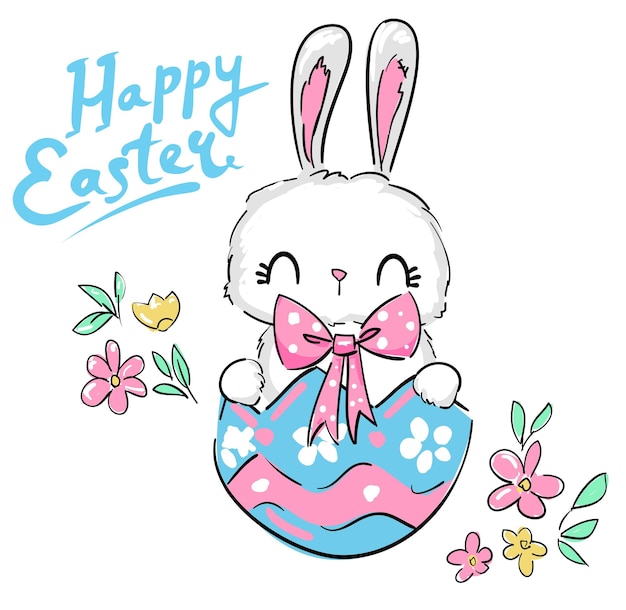 Hand drawn cute rabbit for easter with eggs and flowers Vector illustration