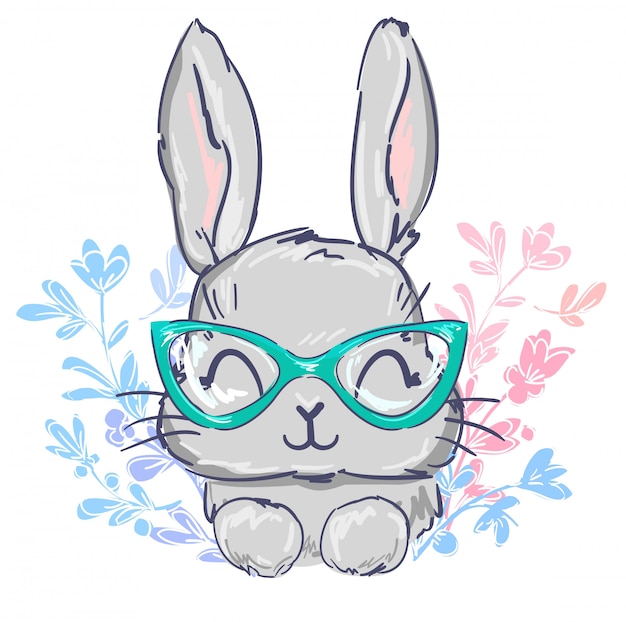 Hand drawn cute rabbit in glasses.