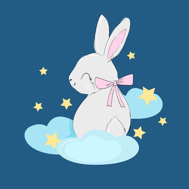 Hand drawn cute rabbit on the moon illustration