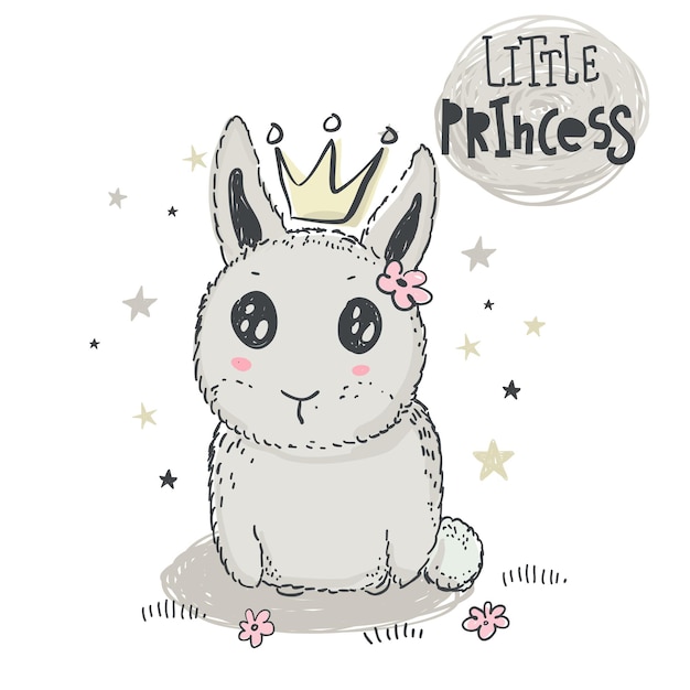 Hand drawn cute rabbit with crown and words little princess