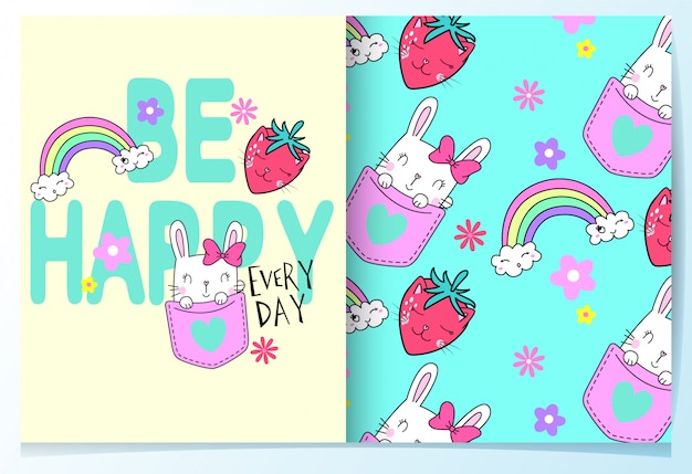 Hand drawn cute rabbit with typography pattern set