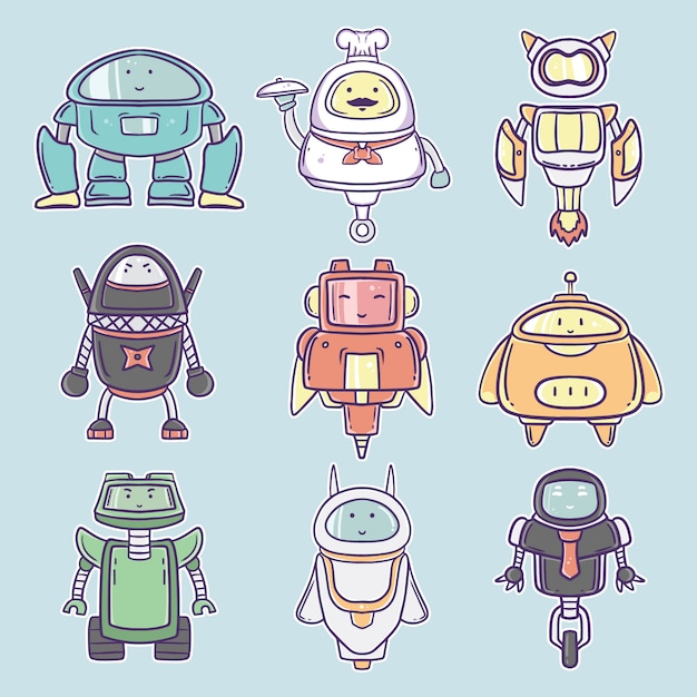 Hand drawn cute robot cartoon character collection illustration