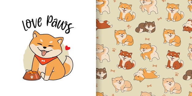 Hand drawn cute shiba inu dogs seamless pattern.