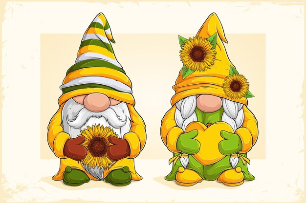 Vector hand drawn cute sunflower gnomes holding a yellow heart and big sunflower for spring and summer