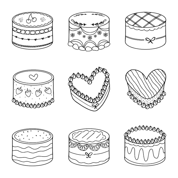 Hand drawn of cute tart cake set on outline style