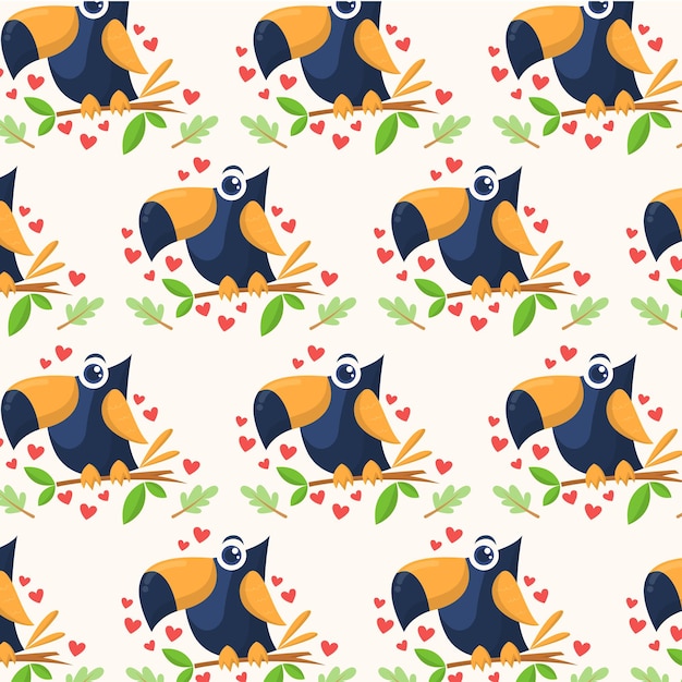 Hand drawn cute toucan standing on tree trunk cartoon seamless pattern premium vector