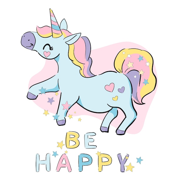 Hand drawn cute unicorn and flowers magic vector illustration. Childrens Trend Print picture