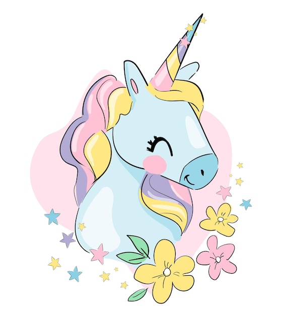 Hand drawn cute unicorn and flowers magic vector illustration. Childrens Trend Print picture