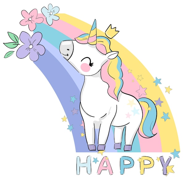 Hand drawn cute unicorn and flowers magic vector illustration. Childrens Trend Print picture