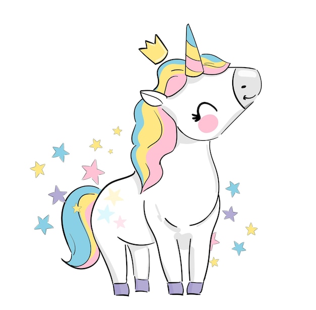 Hand drawn cute unicorn and flowers magic vector illustration. Childrens Trend Print picture