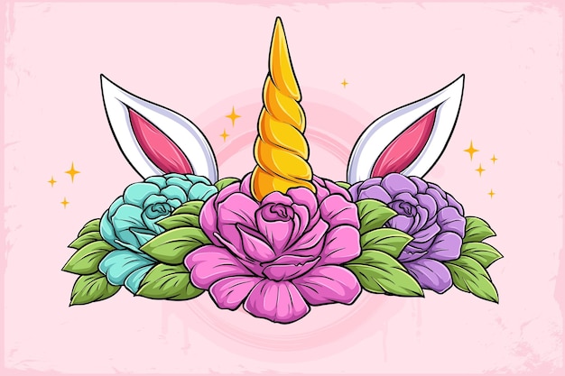 Vector hand drawn cute unicorn horn and ears with colorful beautiful set of flowers and green leaves