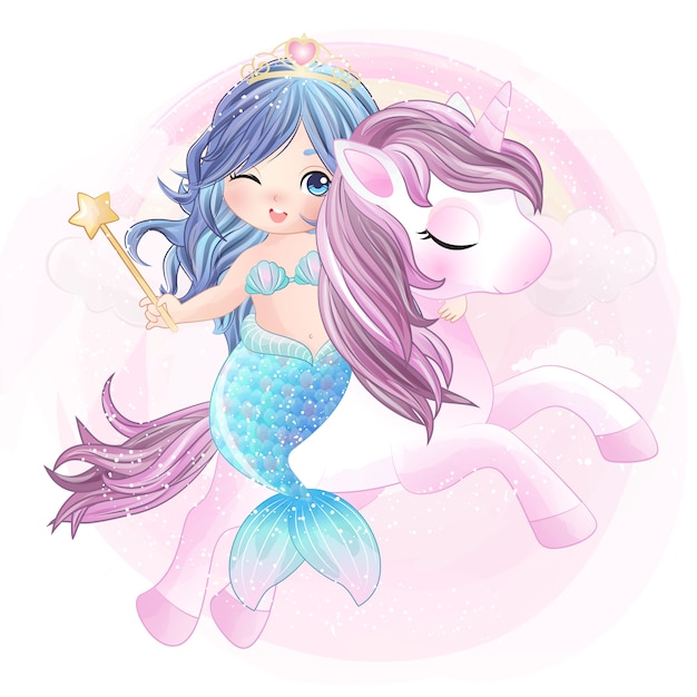 Hand drawn cute unicorn and mermaid