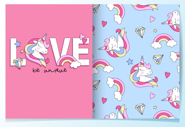 Hand drawn cute unicorn seamless pattern