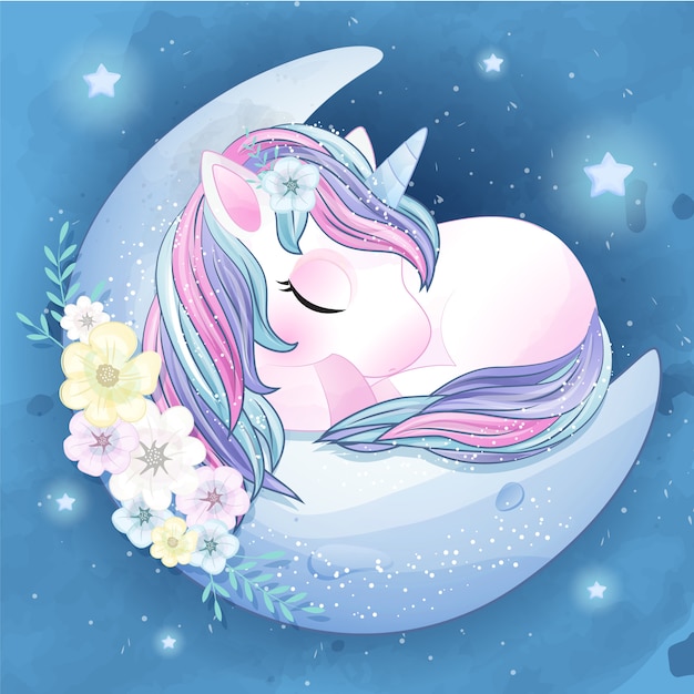 Hand drawn cute unicorn sleeping in the moon