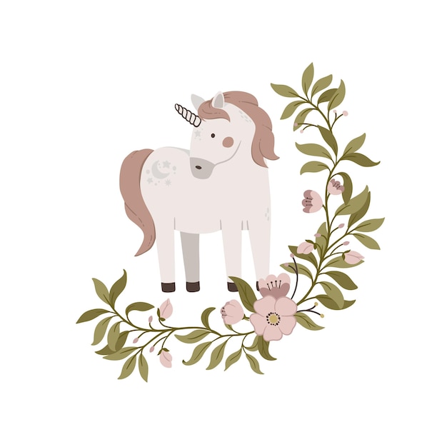 Hand drawn cute unicorn with flowers frame on white background Magic horse vector illustration