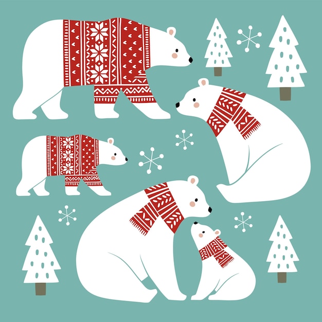 Hand drawn cute vector polar bears in winter clothes.