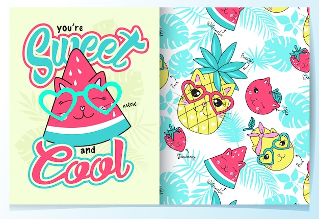 Hand drawn cute watermelon pattern set