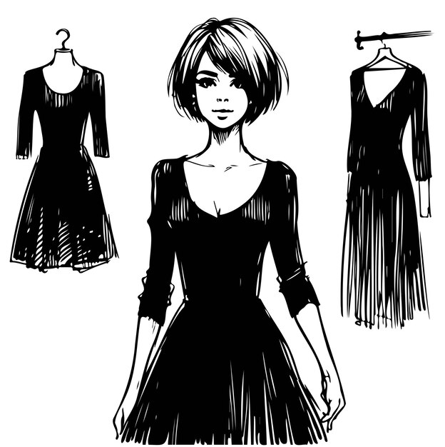 Vector hand drawn cute young girl in black dress sketch