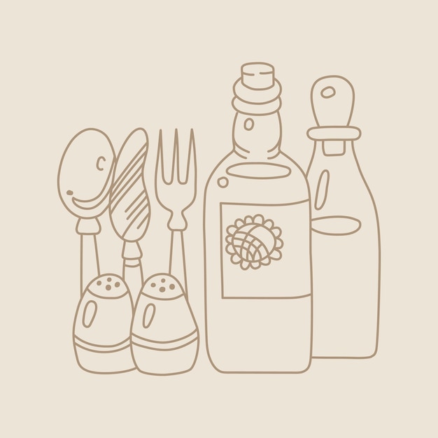 Hand drawn cutlery and bottles icon for recipes and restaurant menu.