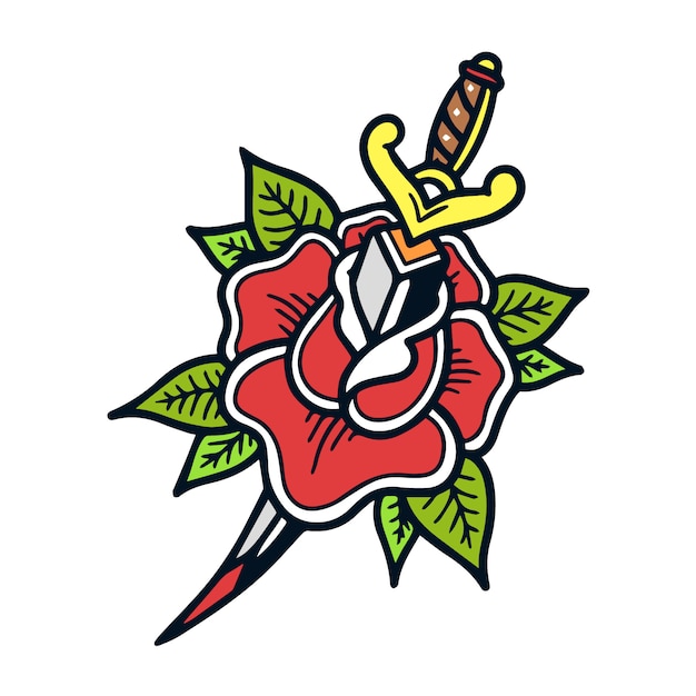 Hand drawn dagger and rose old school tattoo illustration