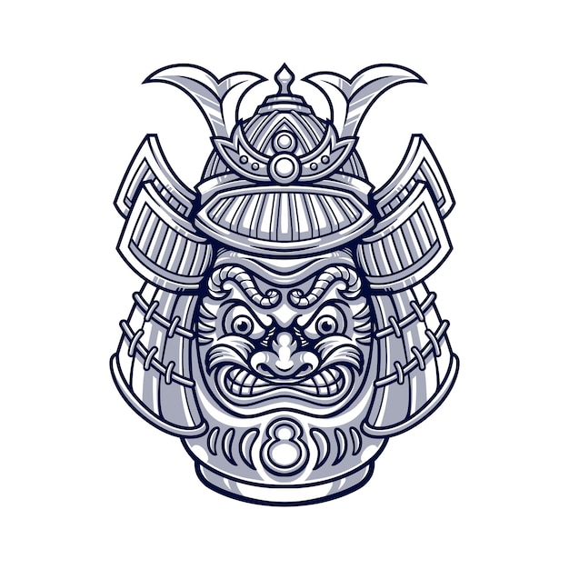 Hand drawn of Daruma Japanese with samurai helmet illustration