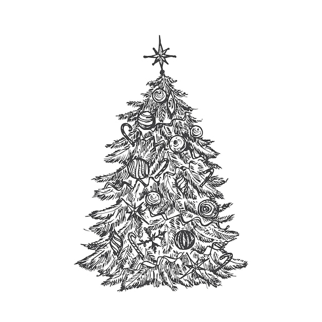 Hand drawn decorated christmas tree with toys vector illustration abstract sketch winter holiday eng...