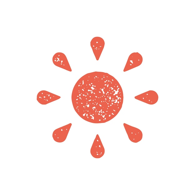 Hand drawn decorative childish red sun with rays logotype of summer travel vacation grunge texture