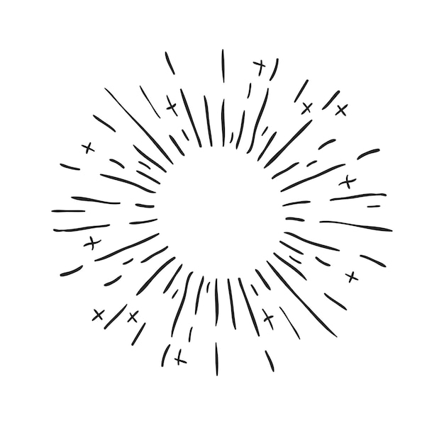 Hand drawn decorative starburst Shining star with round frame and copy space Isolated minimal explosion or firework Contour sketch of radial sunbeams Flat style vector template