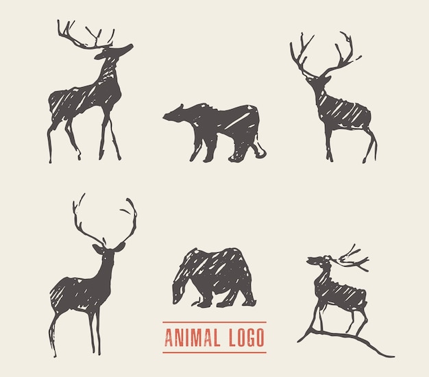 Hand drawn deers and bears for logotype, vector illustration