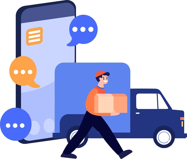 Hand Drawn Delivery man character with truck In the concept of online delivery in flat style isolated on background